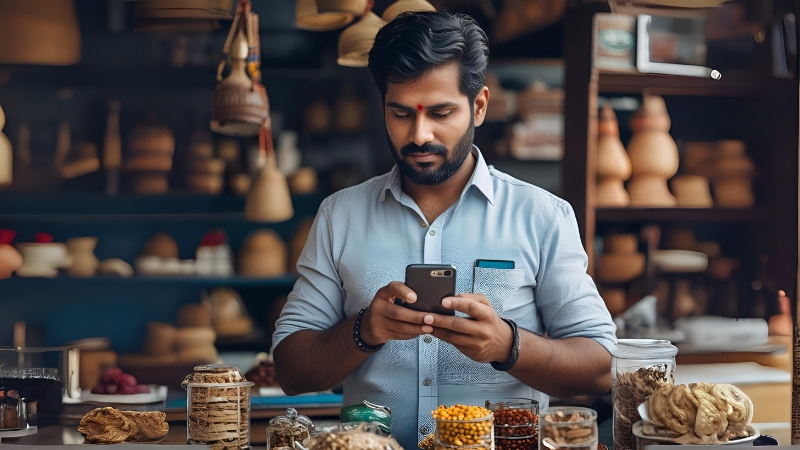 Retailer checking his smart phone