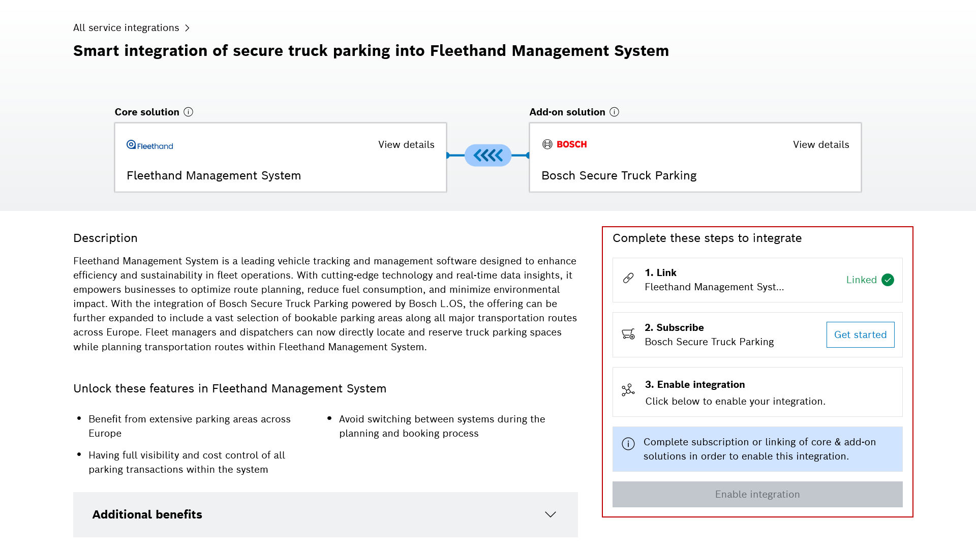 Steps to enable integration of Fleethand and Bosch Secure Truck Parking on Bosch L.OS